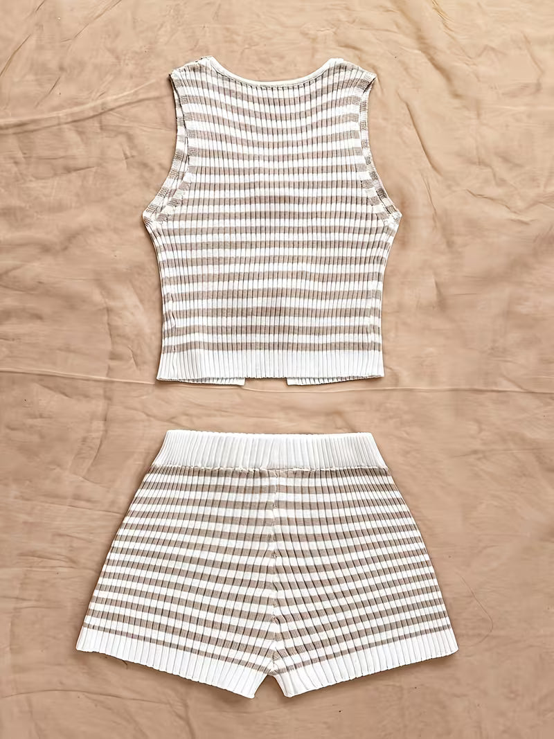 Khaki Striped Sleeveless Tie-Front Crop Top and High-Waist Ribbed Shorts