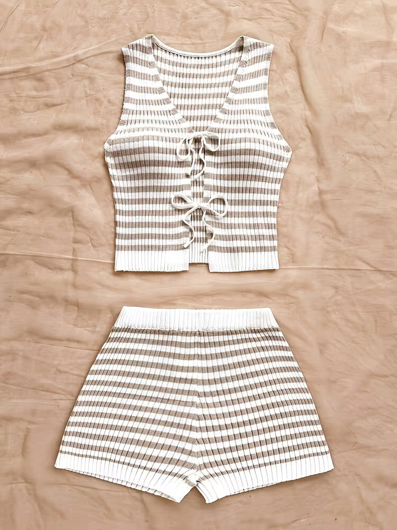 Khaki Striped Sleeveless Tie-Front Crop Top and High-Waist Ribbed Shorts