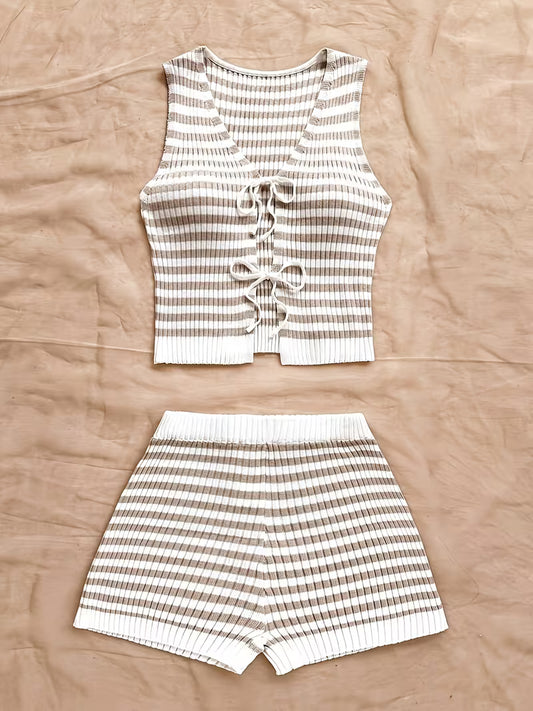 Khaki Striped Sleeveless Tie-Front Crop Top and High-Waist Ribbed Shorts