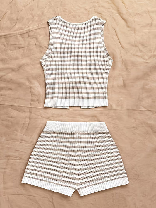 Khaki Striped Sleeveless Tie-Front Crop Top and High-Waist Ribbed Shorts